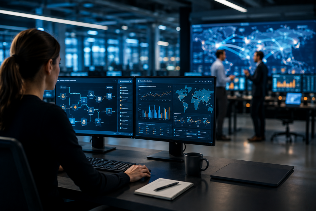 Analyst seated at a desk viewing dual monitors with dashboards in a high-tech operations center; two colleagues discuss in the background near a world-map display.