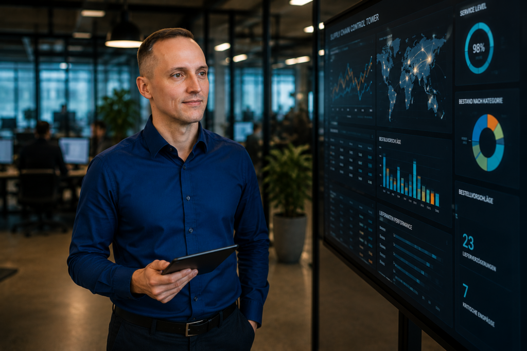 Professional man in a blue shirt holding a tablet, standing beside a wall of digital dashboards with charts and maps.