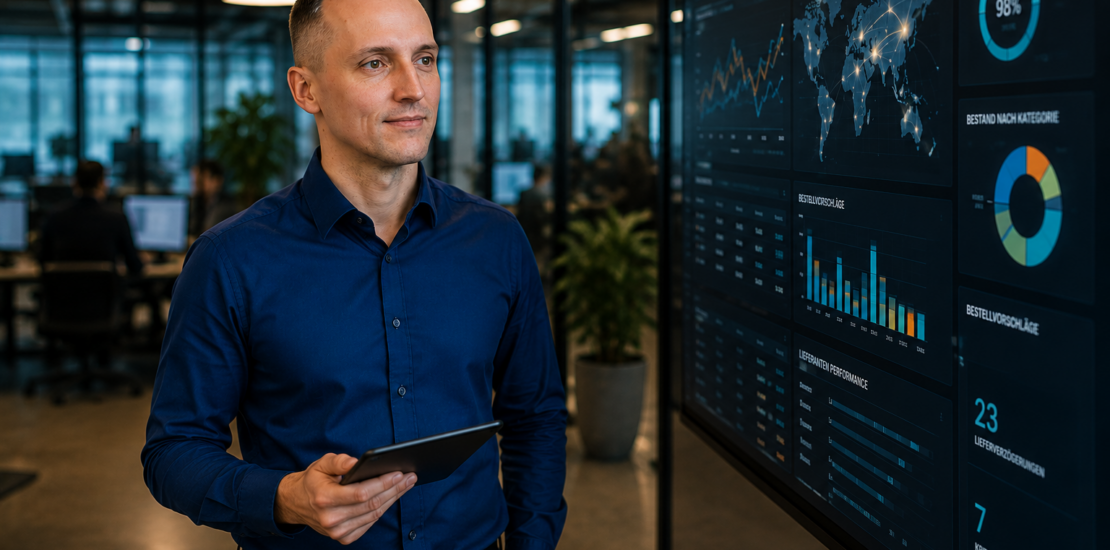 Professional man in a blue shirt holding a tablet, standing beside a wall of digital dashboards with charts and maps.