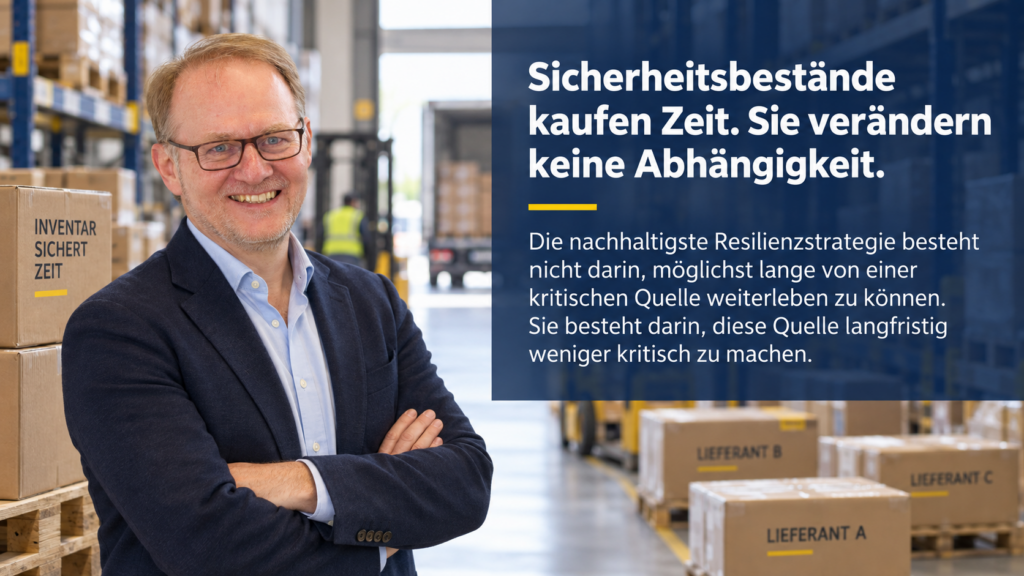 Man in a navy blazer smiling with folded arms in a warehouse; large blue banner with German text about safety stock strategy.