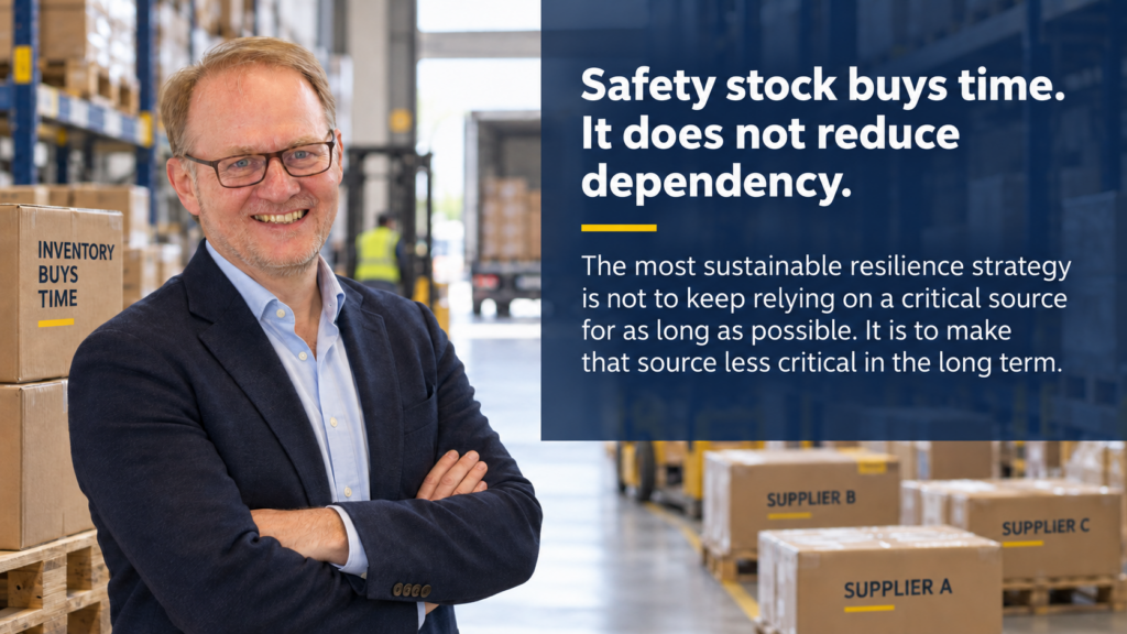 Smiling man in a warehouse standing beside stacked boxes, with a dark blue panel containing a safety-quote on the right side.