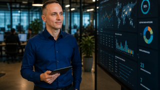 Professional man in a blue shirt holding a tablet, standing beside a wall of digital dashboards with charts and maps.